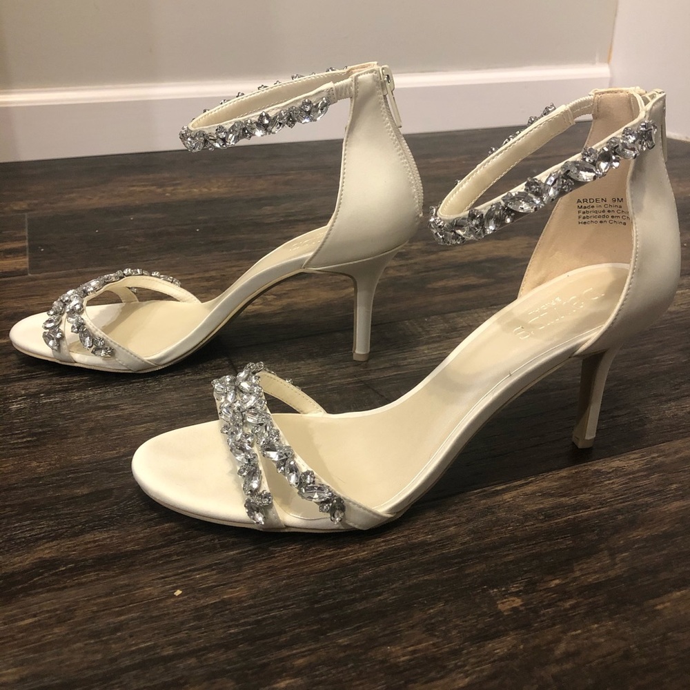 NEW David’s Bridal Jeweled Satin Ankle Strap Heels